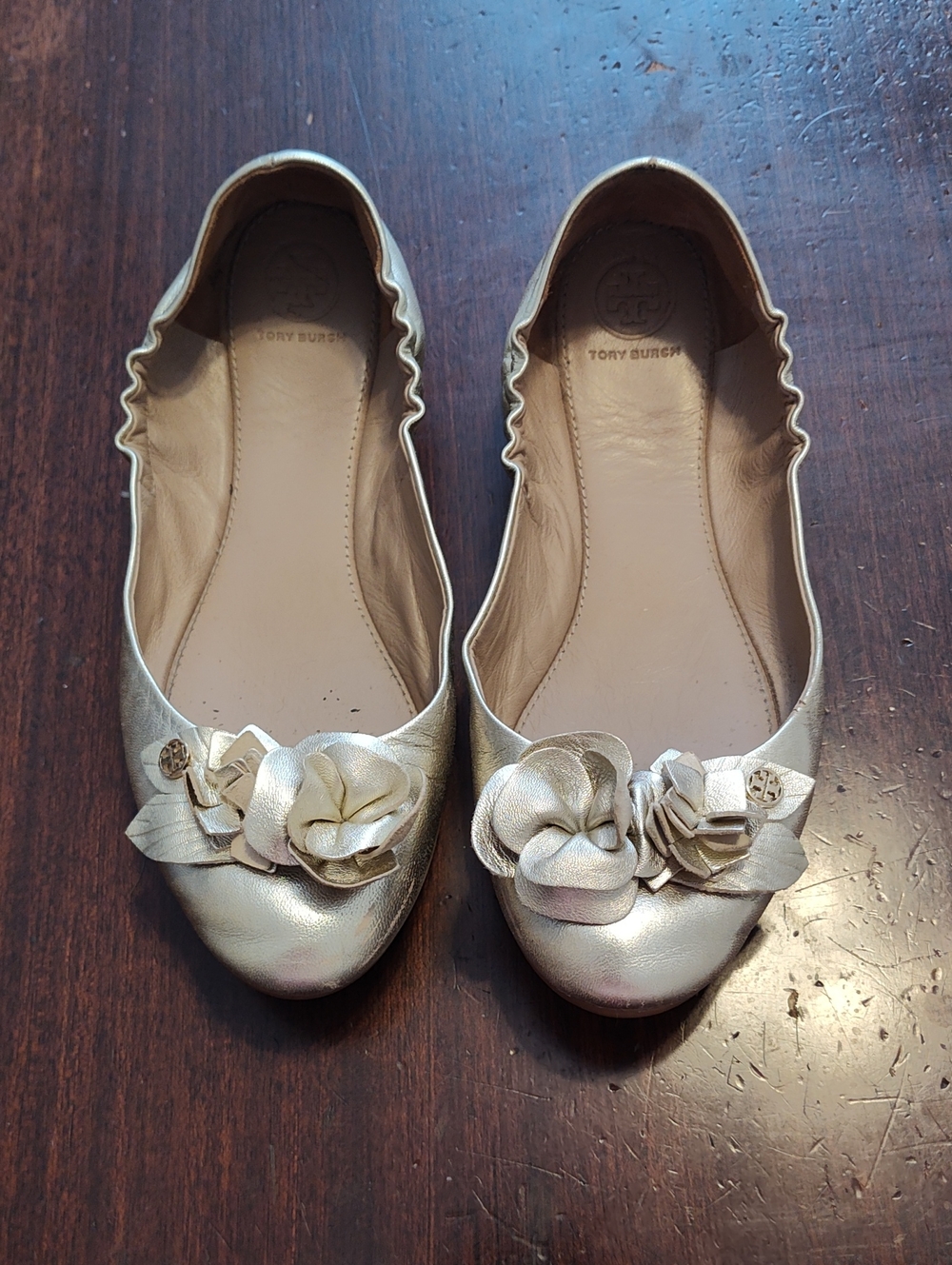 Tory Burch Floral Bow Metallic Gold Flats